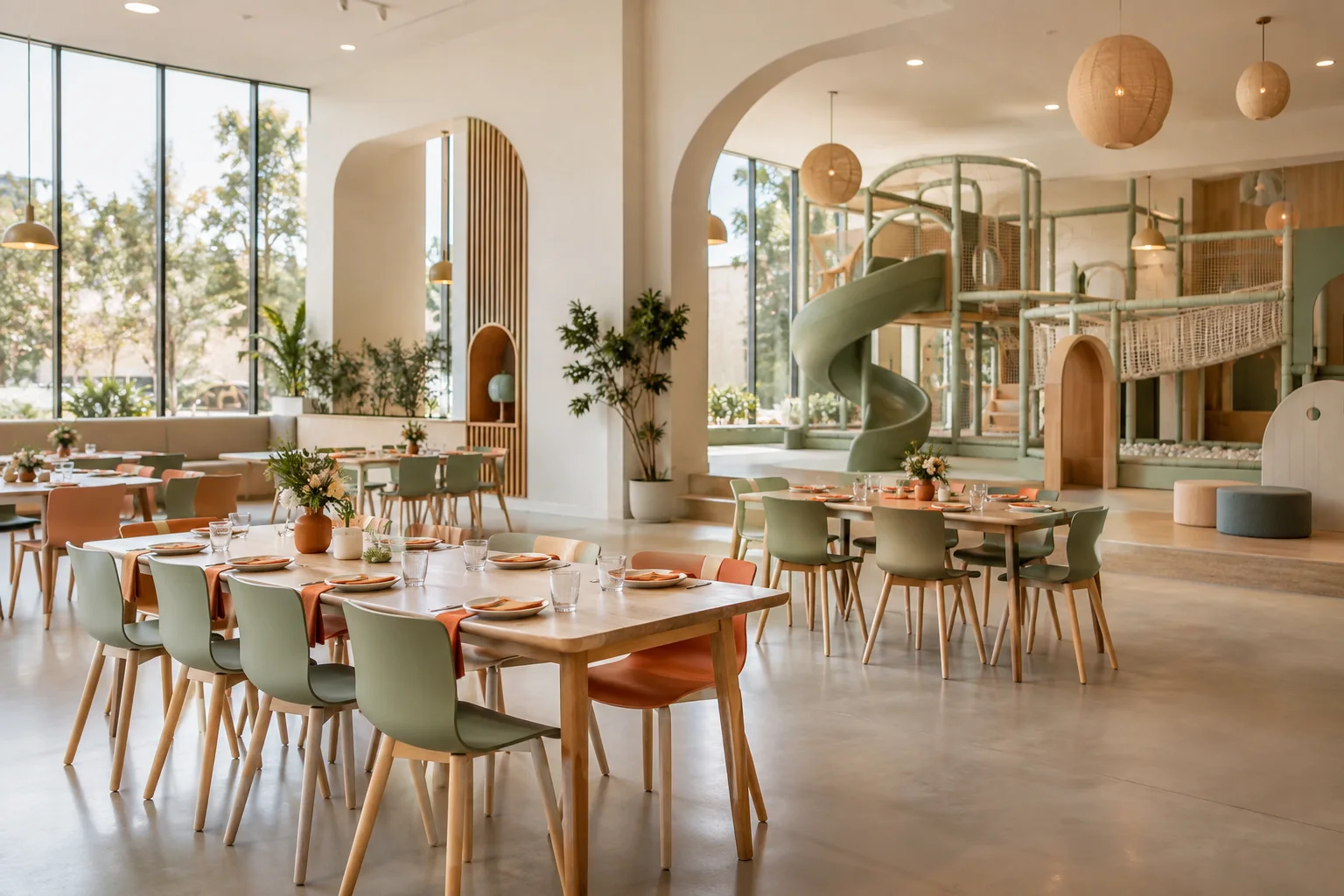 Salón infantil luminoso con mesas preparadas y área de juegos